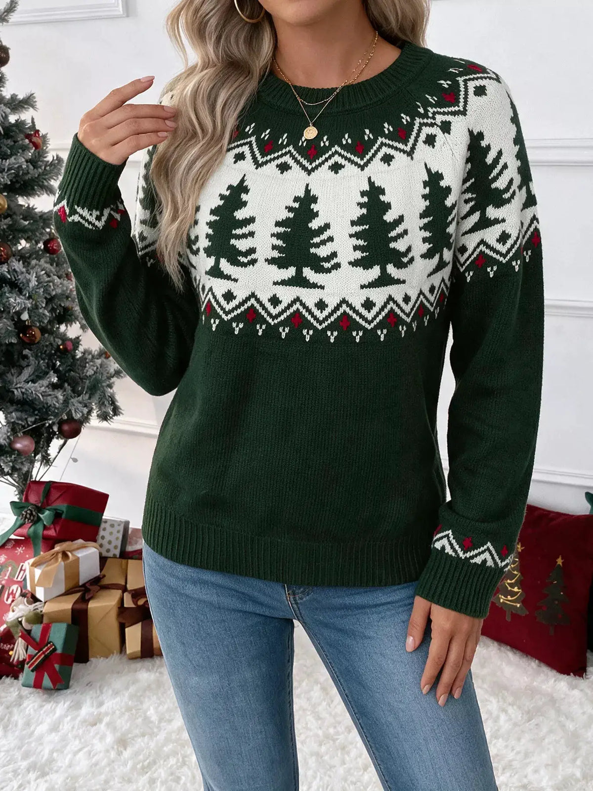 Christmas Tree Pattern Round Neck Sweater by Trendsi