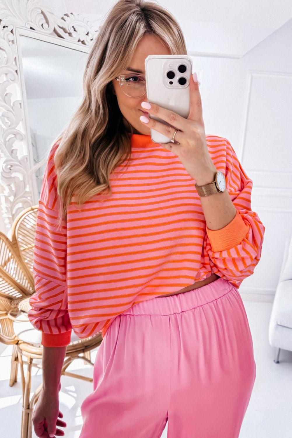 Orange Stripe Drop Shoulder Crew Neck Loose Sweatshirt