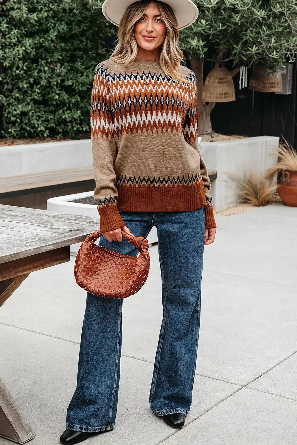 Geometric Pattern Long Sleeve Sweater by Trendsi
