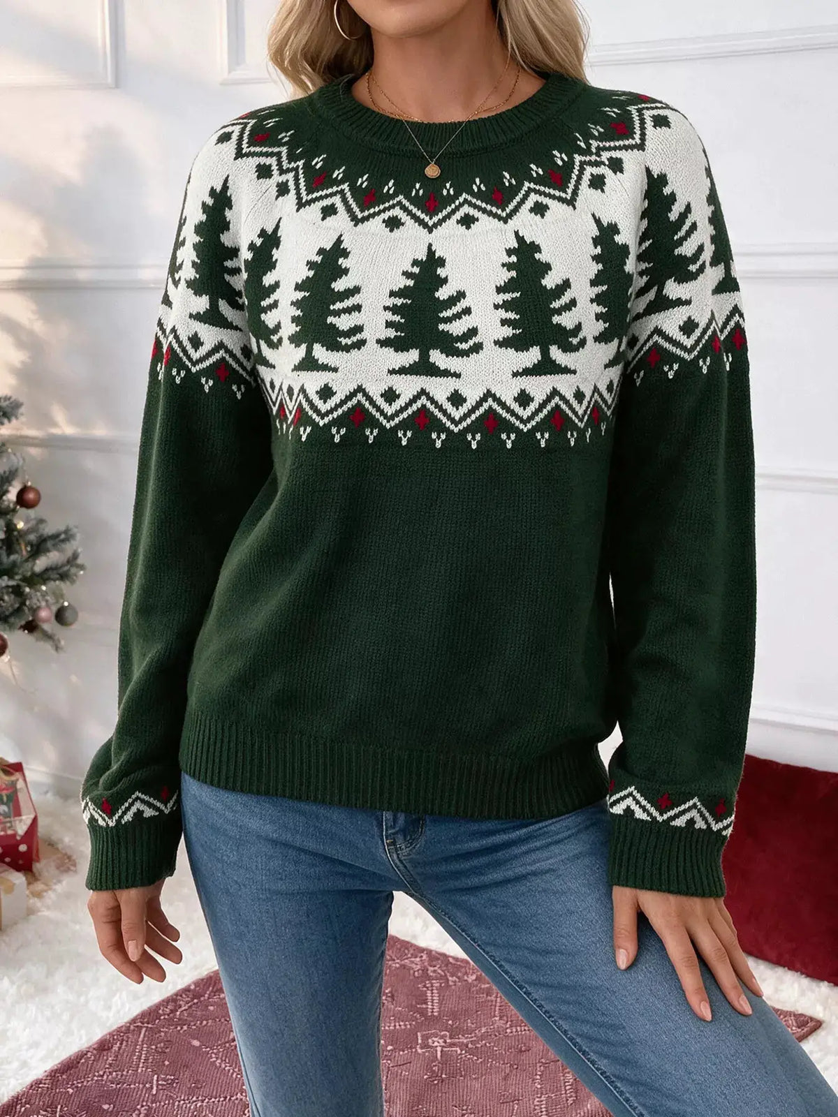 Christmas Tree Pattern Round Neck Sweater by Trendsi