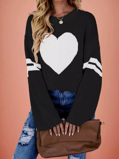 Heart Pattern Dropped Shoulder Sweater by Trendsi