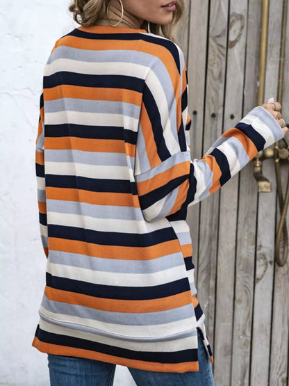 Full Size Casual Striped Long Sleeve Crew Neck Top Plus Size by Trendsi
