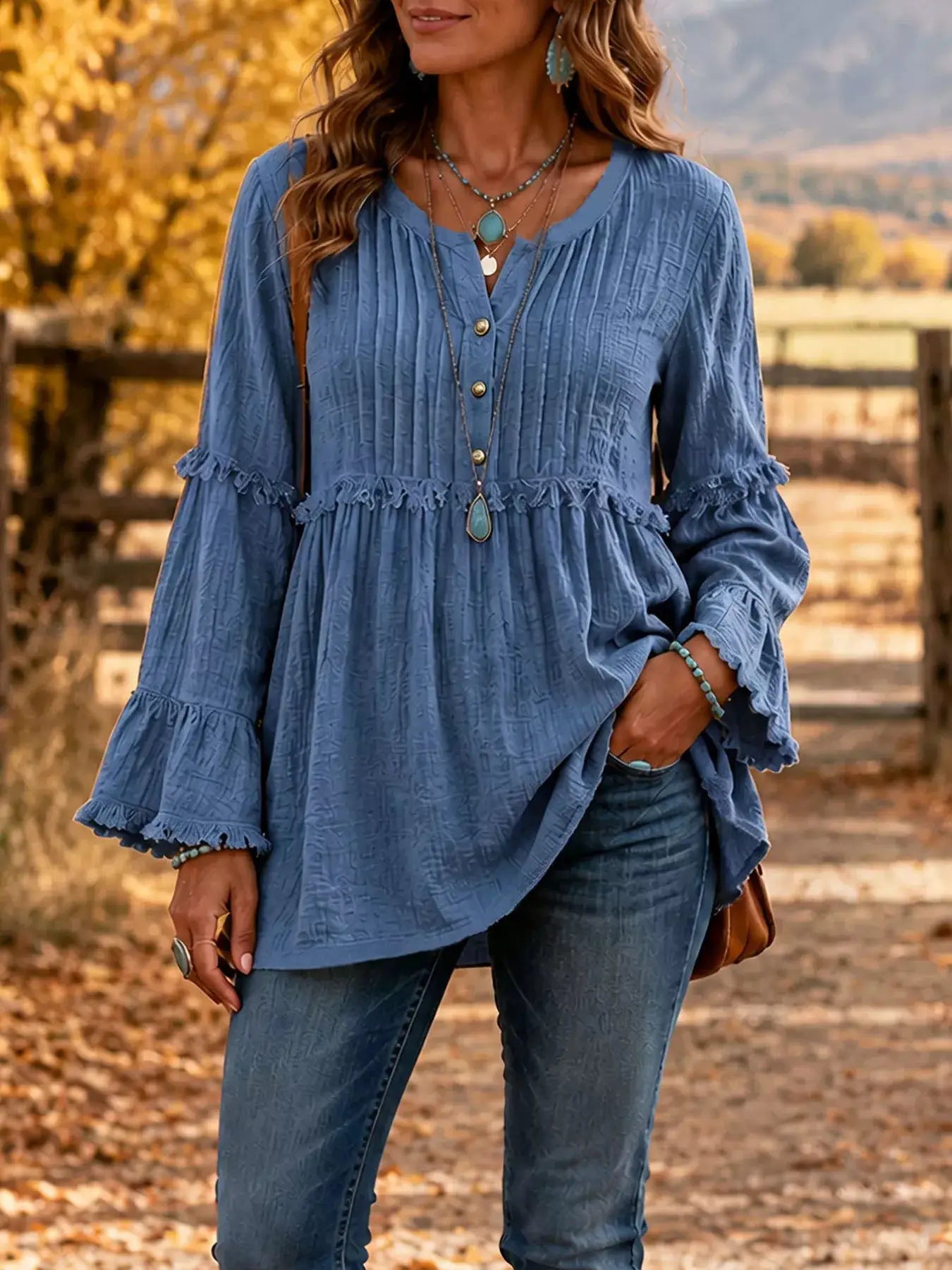 Full Size Frill Notched Long Sleeve Blouse Plus Size by Trendsi