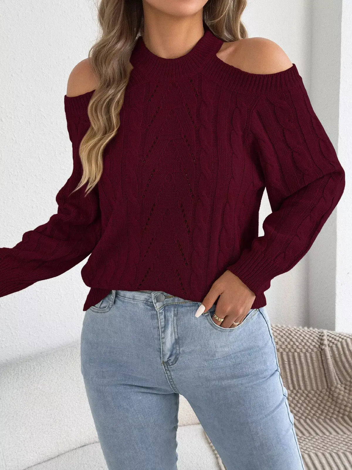 Cold Shoulder Cable Knit Sweater by Trendsi