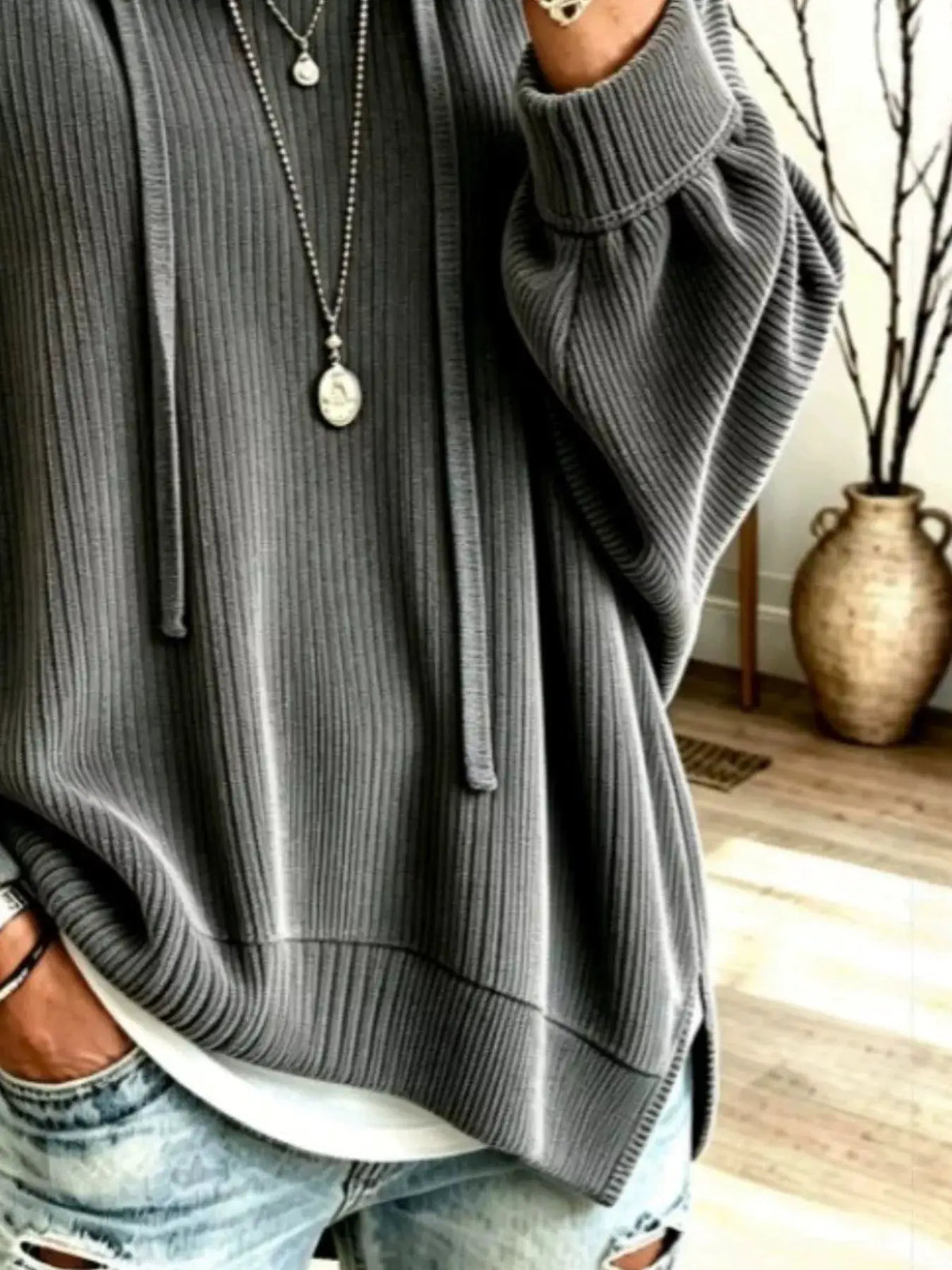Drawstring Ribbed Knit Hoodie by Trendsi
