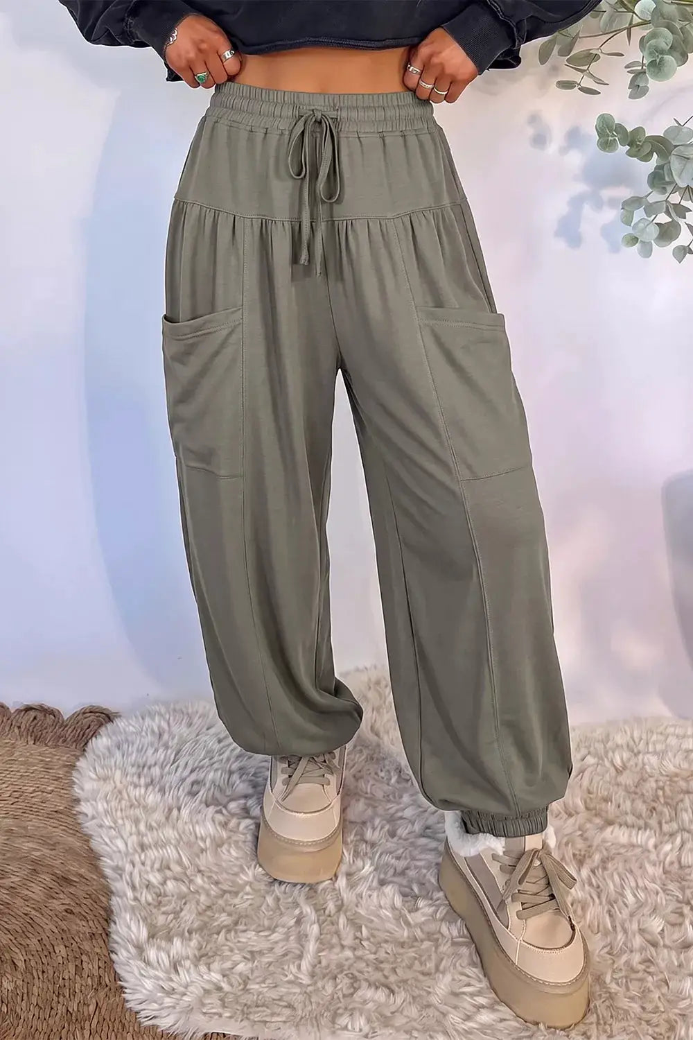 Elastic Waist Drawstring Wide Leg Full Length Pants by Trendsi