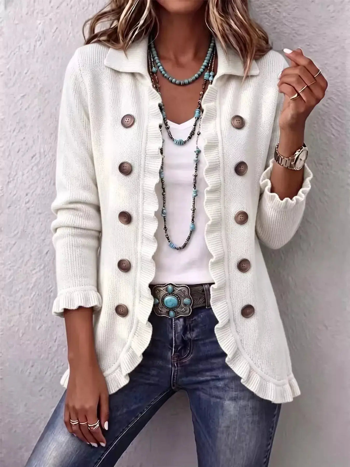 Full Size Ruffled Trim Decorative Button Cardigan Plus Size by Trendsi