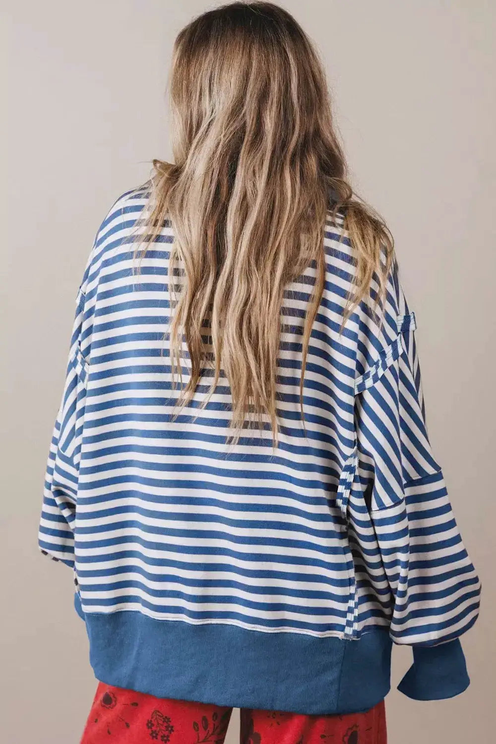 Stripe Color Block Trim Raw Seam Split Hem Loose Sweatshirt by Trendsi