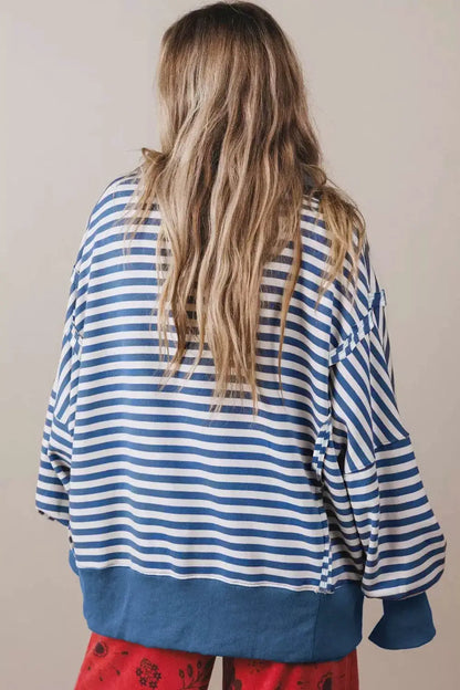Stripe Color Block Trim Raw Seam Split Hem Loose Sweatshirt by Trendsi