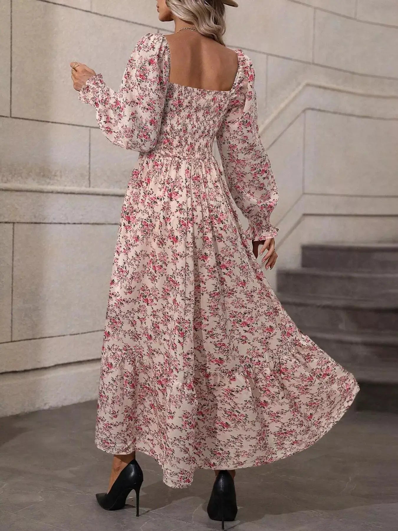 Floral Print Square Neck Smocked Midi Dress by Trendsi