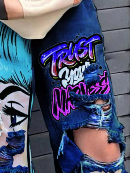 Full Size Pop Art Graphic Distressed Wide-Leg Jeans Plus Size by Trendsi