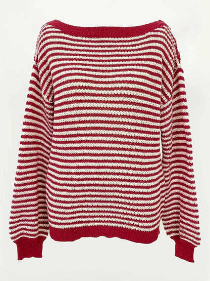Striped Knit Boat Neck Sweater by Trendsi