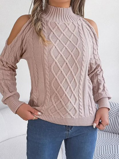 Cold-Shoulder Cable Knit Sweater by Trendsi