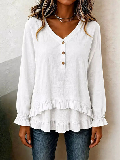 Ruffled Hem Long Sleeve Blouse by Trendsi