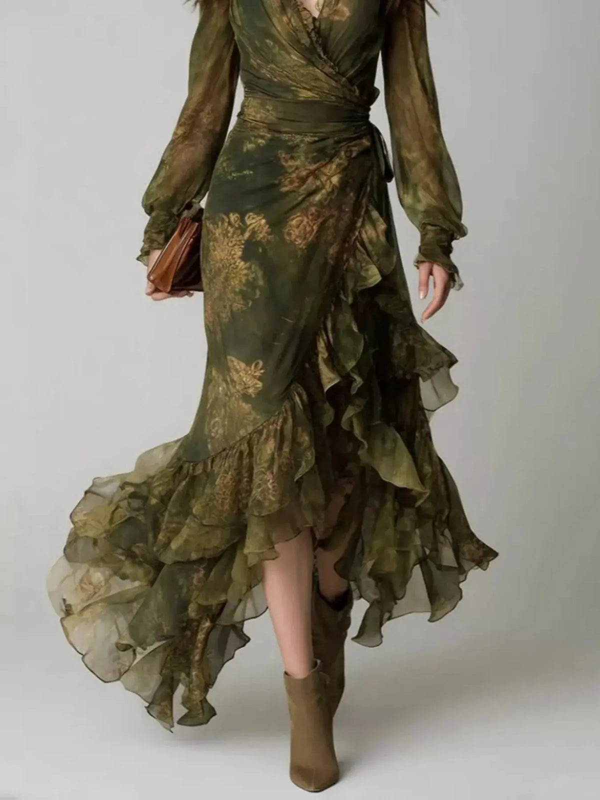 Floral Print Ruffle Hem Wrap Maxi Dress by Trendsi