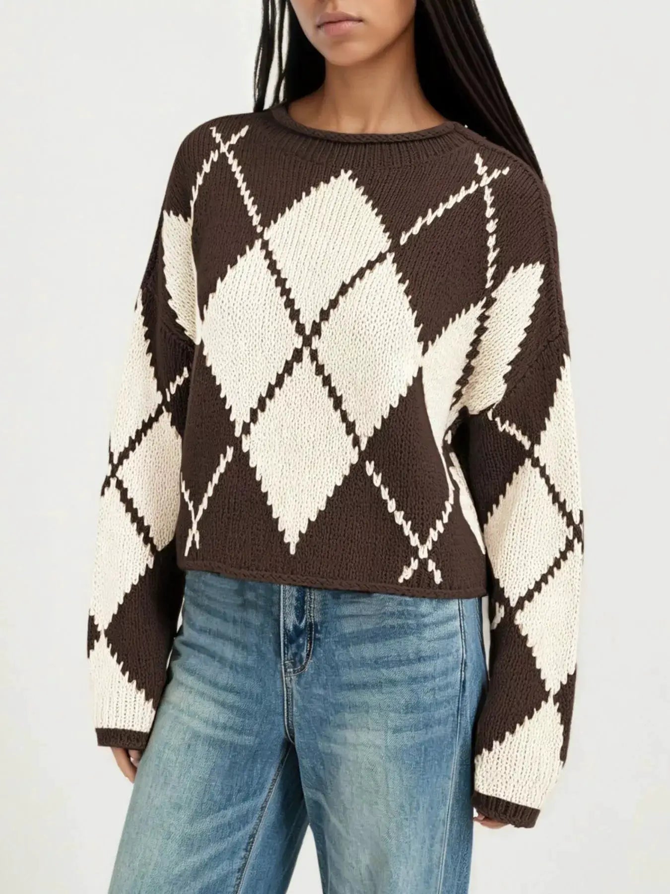 Argyle Pattern Knit Dropped Shoulder Sweater by Trendsi