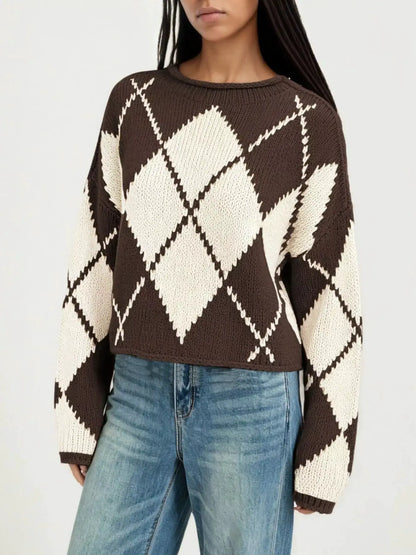 Argyle Pattern Knit Dropped Shoulder Sweater by Trendsi