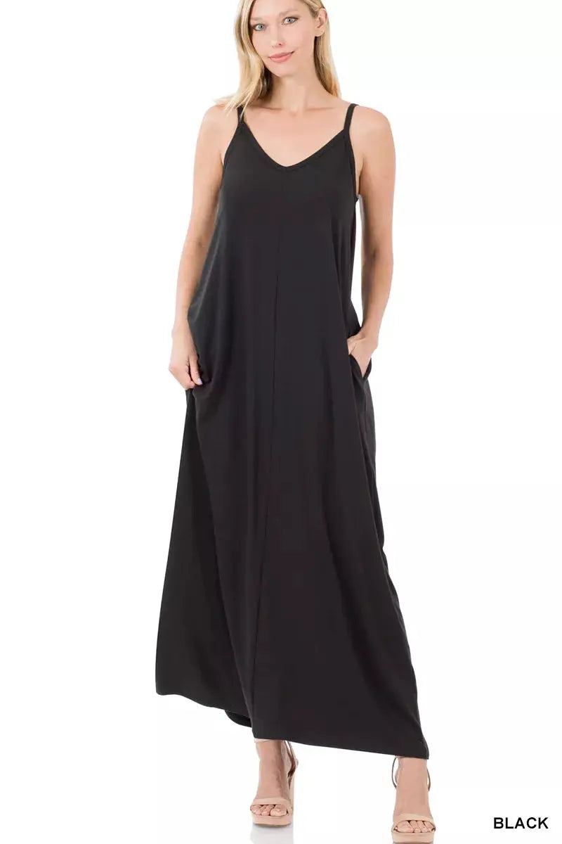 Zenana V-Neck Cami Maxi Dress with Side Pockets by Trendsi