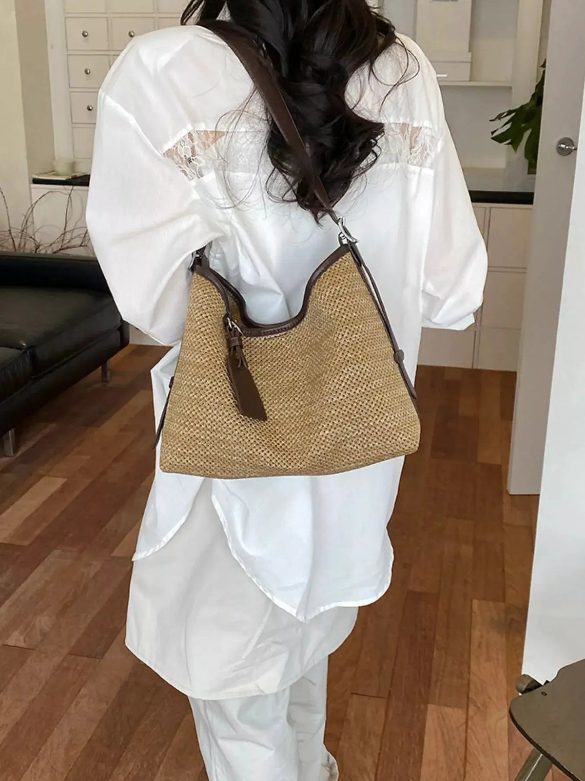 Leather Trim Woven Shoulder Bag by Trendsi