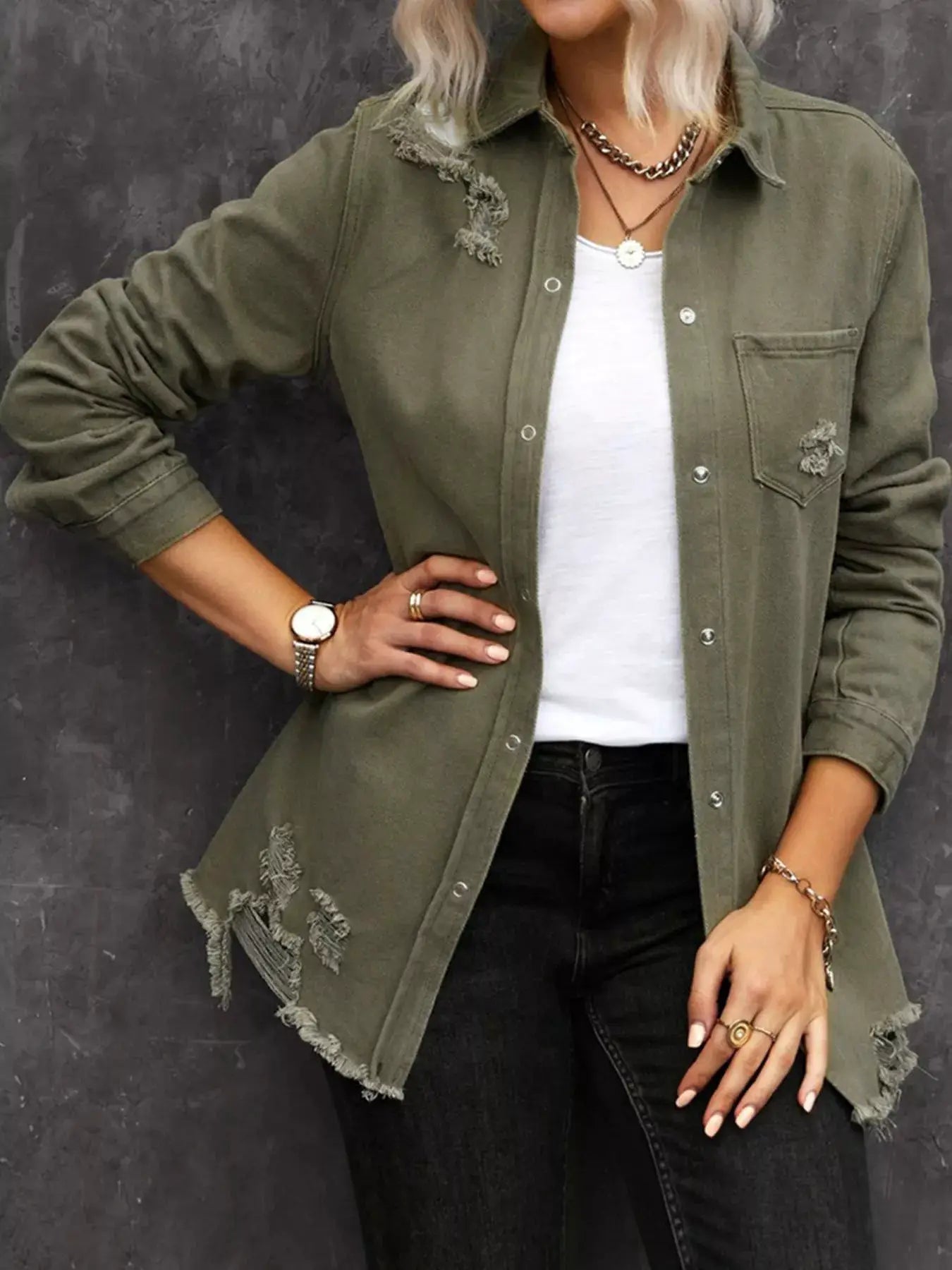 Raw Hem Distressed Denim Shirt Jacket by Trendsi