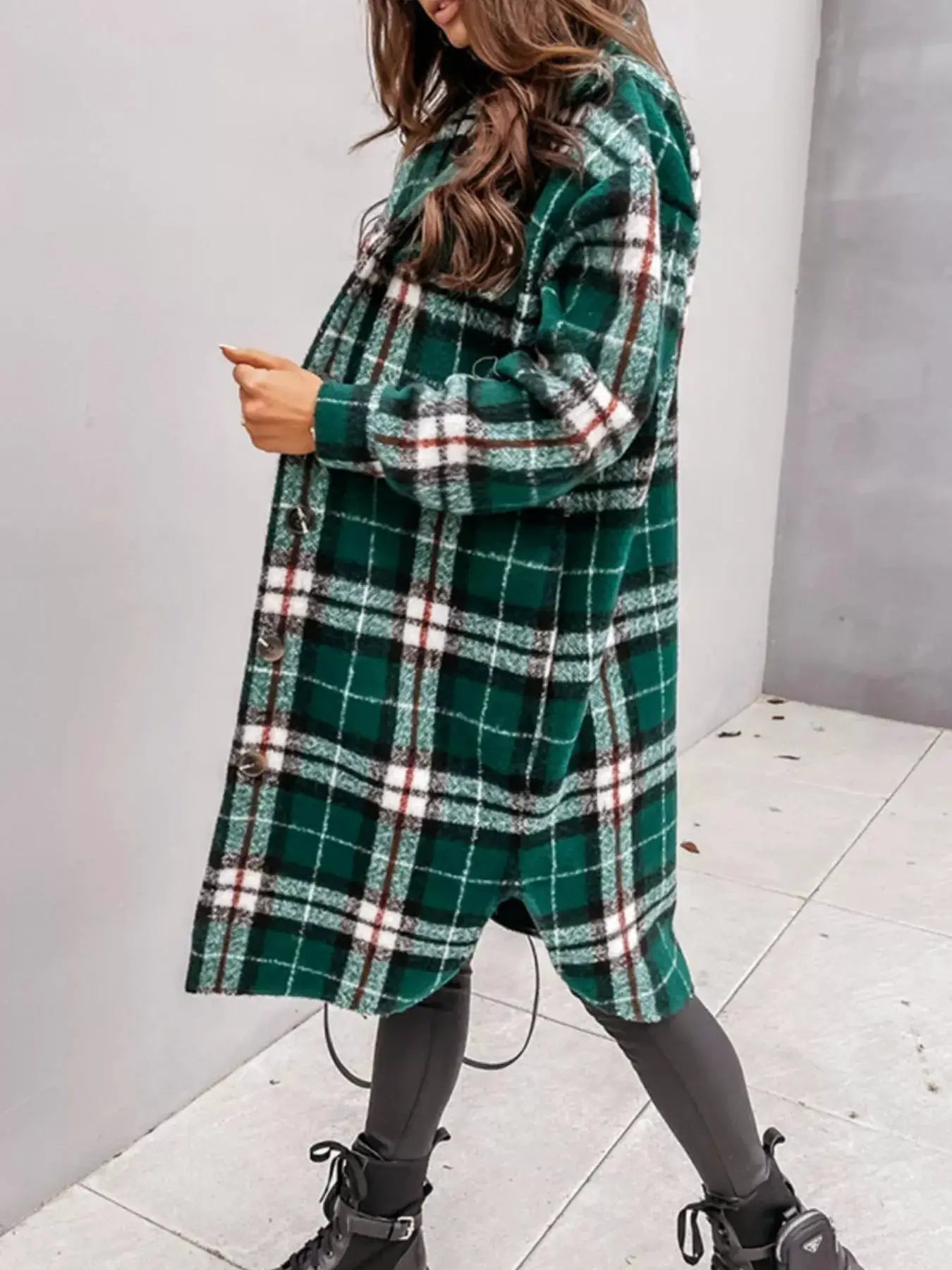 Longline Plaid Button Up Coat by Trendsi