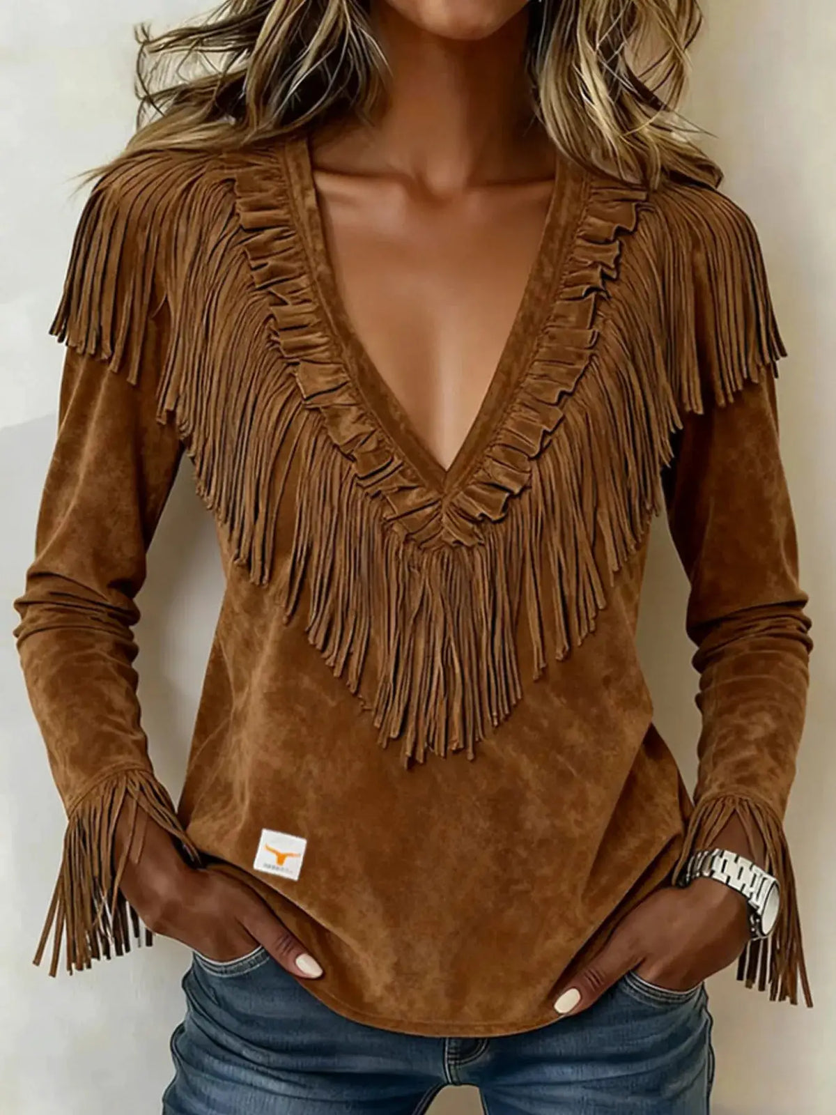 Fringed V-Neck Blouse by Trendsi