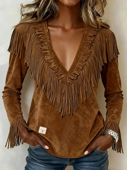 Fringed V-Neck Blouse by Trendsi