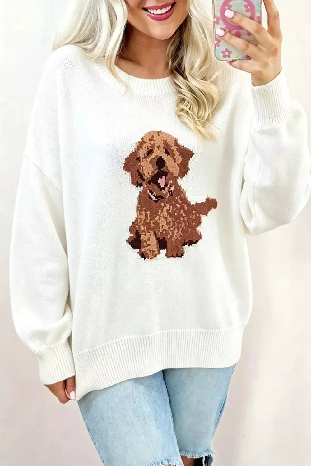 Puppy Graphic Round Neck Sweater by Trendsi