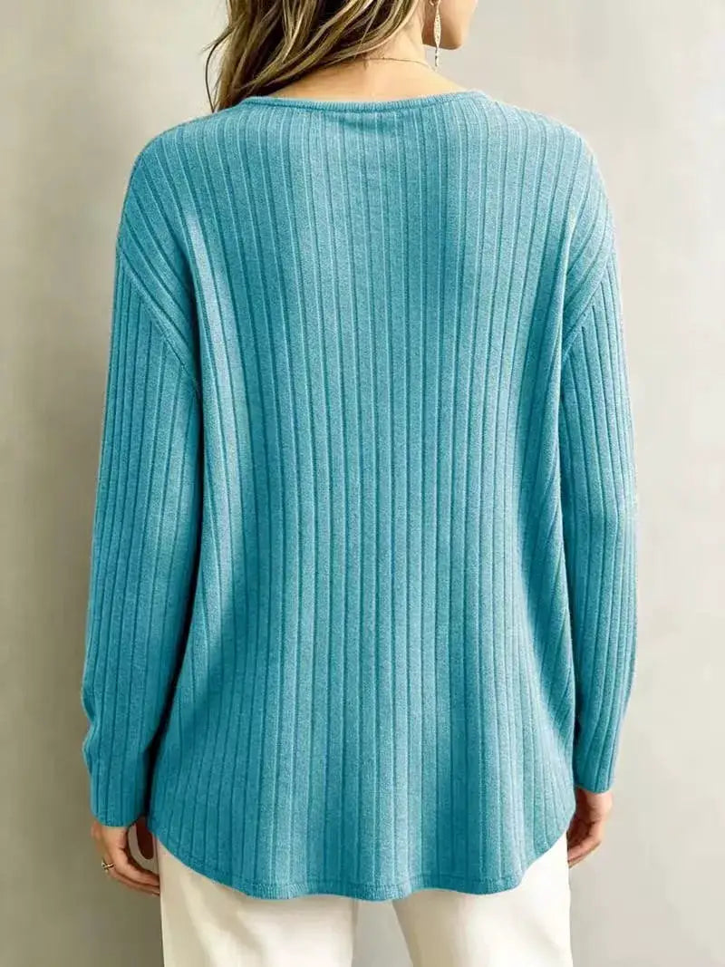V-Neck Ribbed Long Sleeve T-Shirt by Trendsi