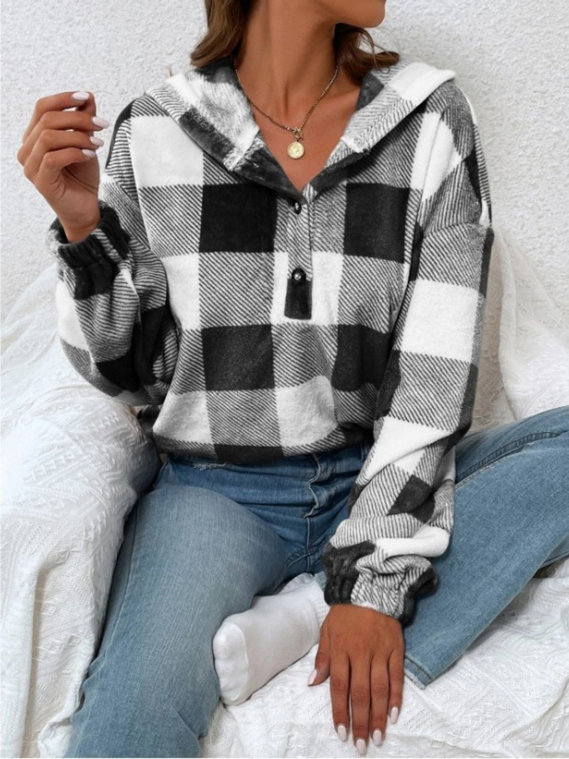 Plaid Half Button Long Sleeve Hoodie