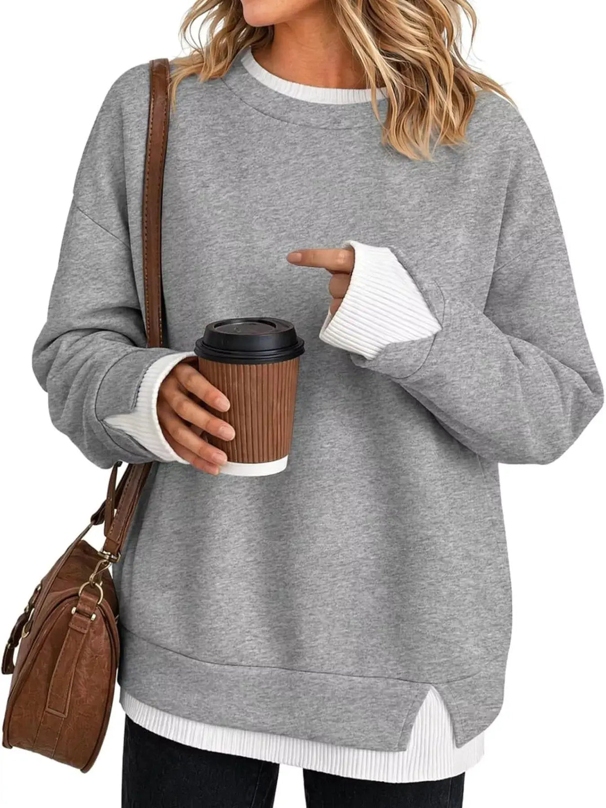 Crewneck Sweatshirt with Contrast Ribbed Trim by Trendsi