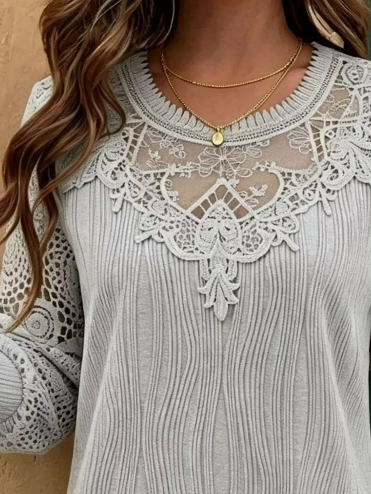 Lace Patchwork Long Sleeve Blouse by Trendsi