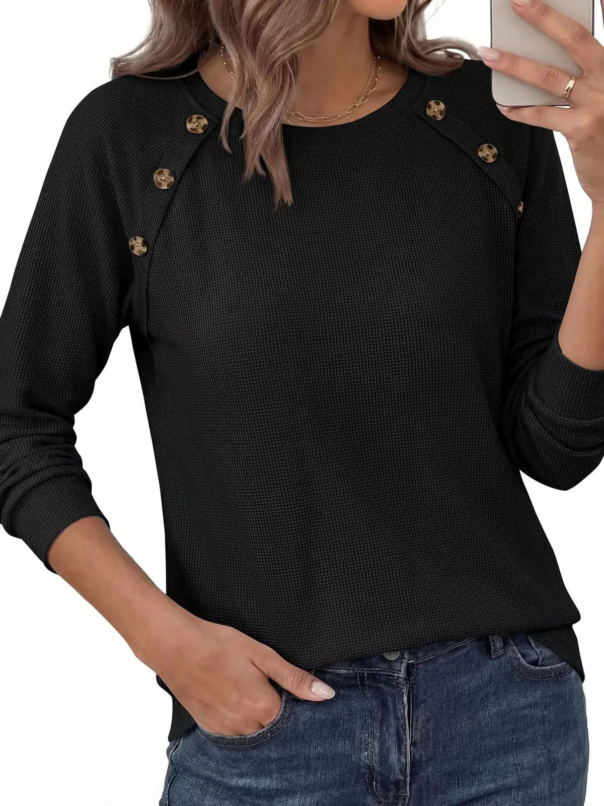 Decorative Button Waffle Knit Long Sleeve T-Shirt by Trendsi