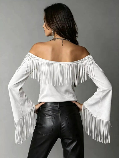 Full Size Fringed Off-Shoulder Flare Sleeve Top Plus Size by Trendsi