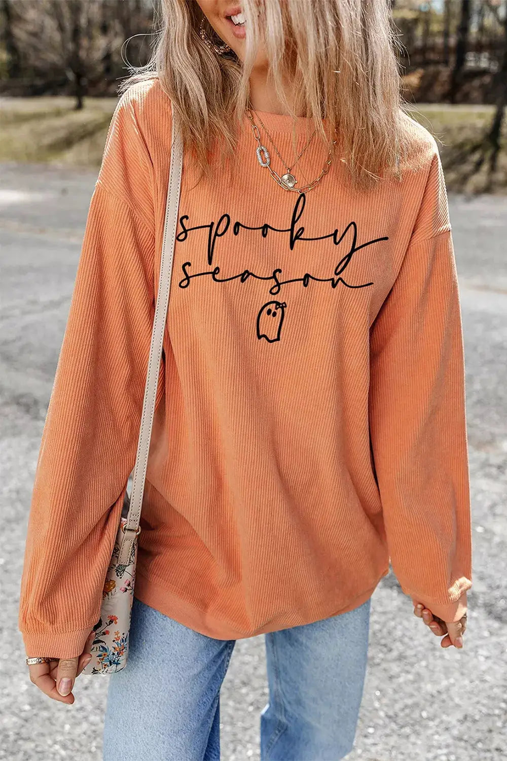Spooky Season Ghost Letter Cozy Ribbed Pullover Sweatshirt by Trendsi