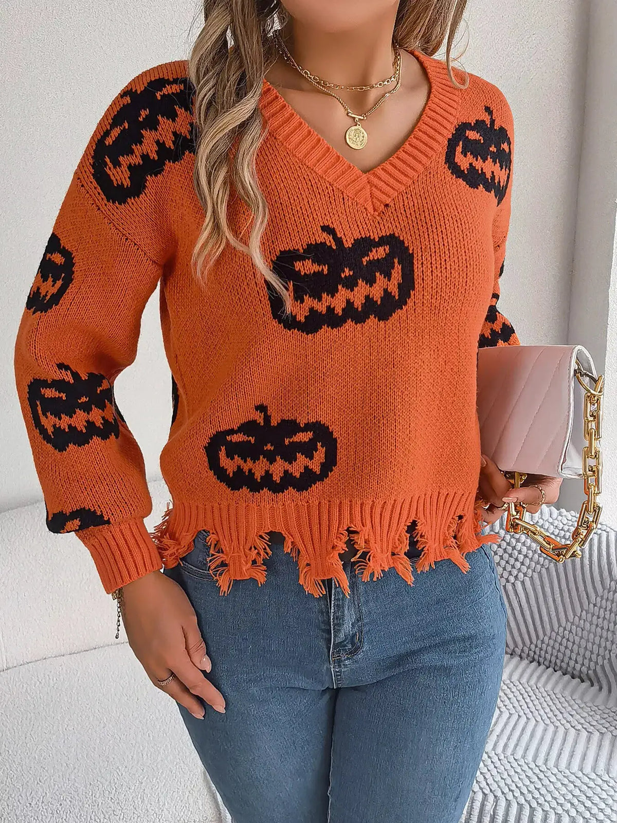 Pumpkin Distressed Hem Sweater by Trendsi