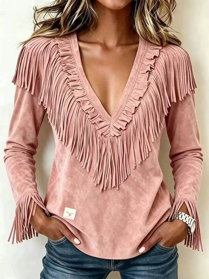 Fringed V-Neck Blouse by Trendsi