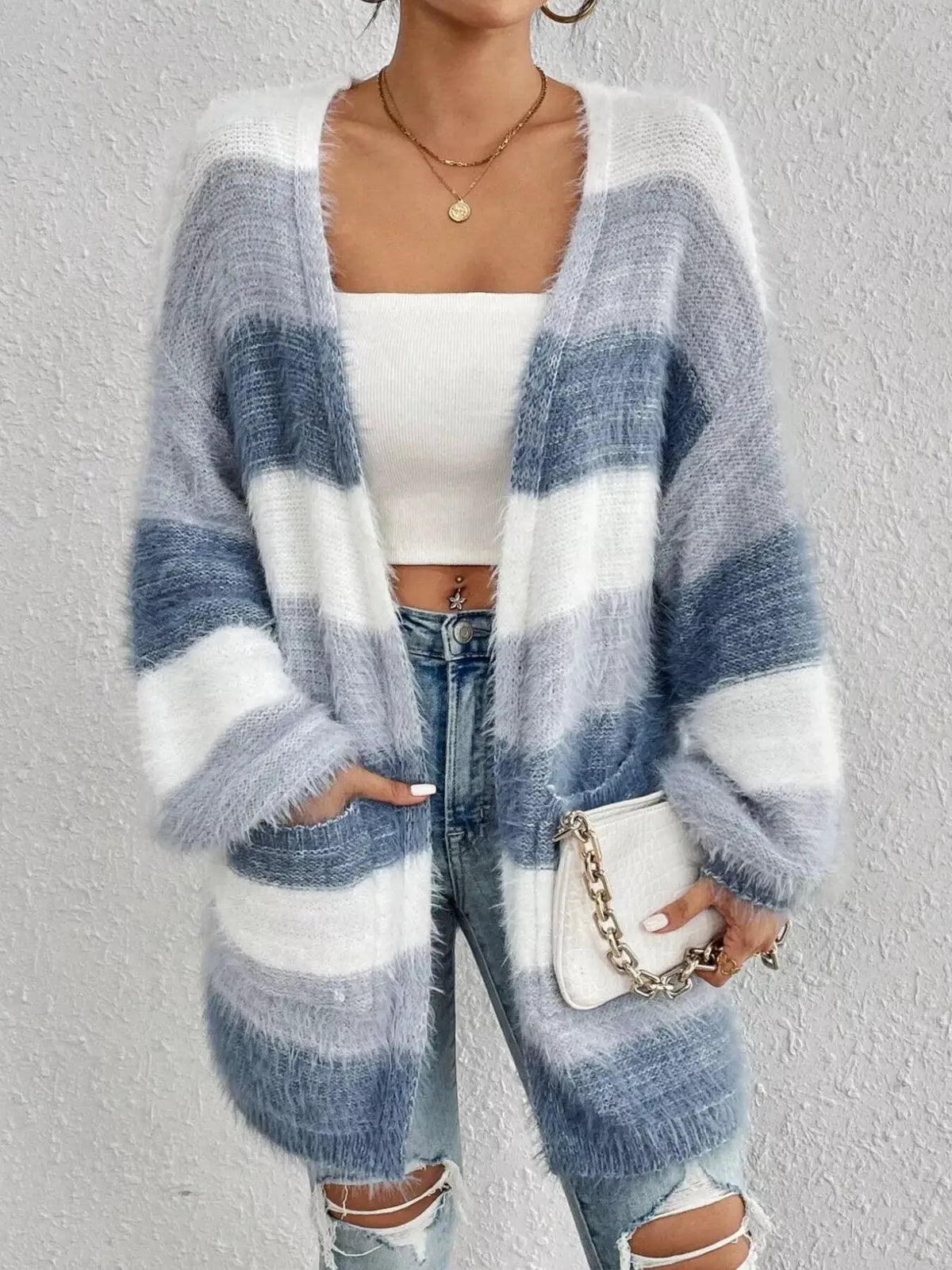 Striped Open Front Oversized Cardigan by Trendsi