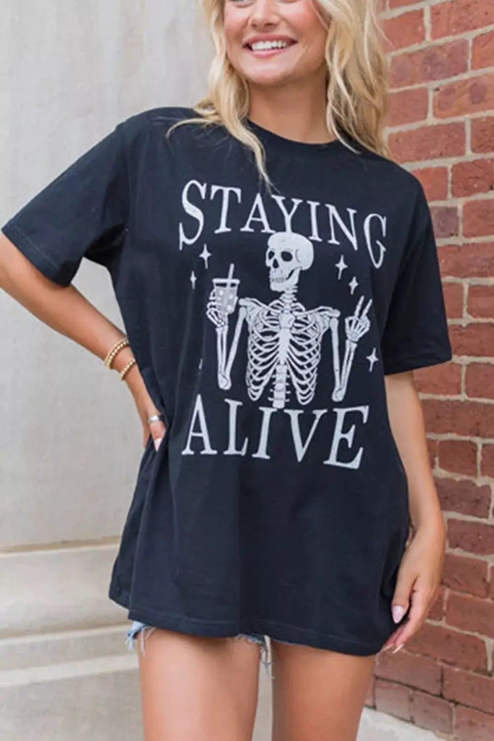 STAYING ALIVE Funny Skeleton Graphic Round Neck T Shirt by Trendsi