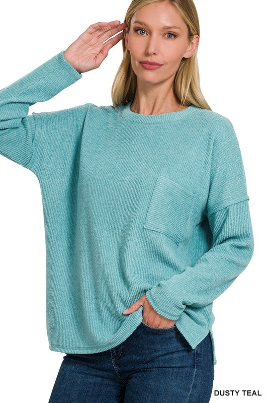 Ribbed Brushed Melange Hacci Sweater with a Pocket