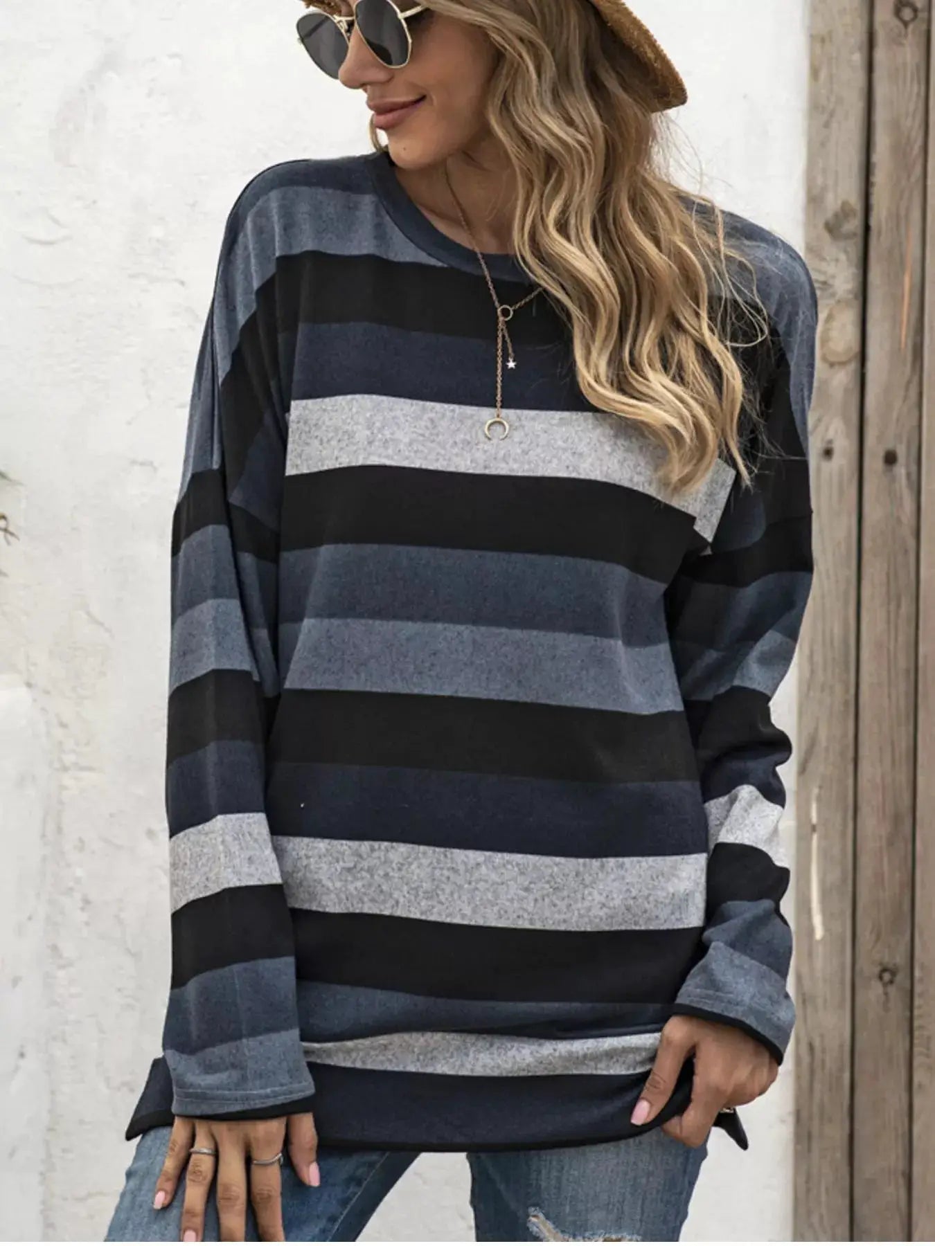 Full Size Casual Striped Long Sleeve Crew Neck Top Plus Size by Trendsi