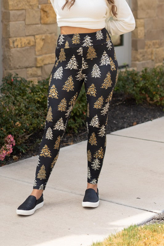 Leopard Christmas Trees Leggings with Pocket