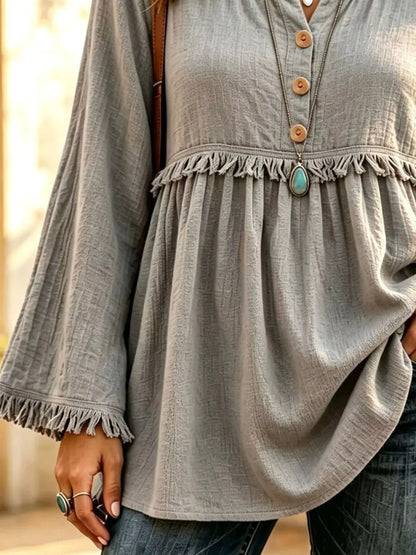 Button-Down Detail Fringed Hem Blouse by Trendsi