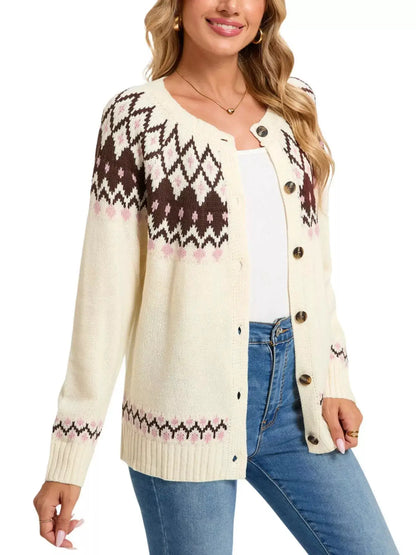 Fair Isle Patterned Button-Down Knit Cardigan by Trendsi