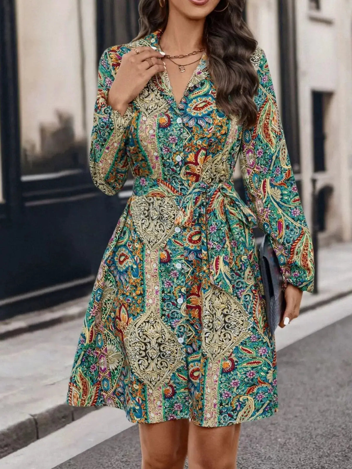 Paisley Print Button-Down Shirt Dress by Trendsi