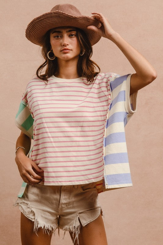 BiBi Slit Exposed Seam Striped Round Neck Short Sleeve T-Shirt