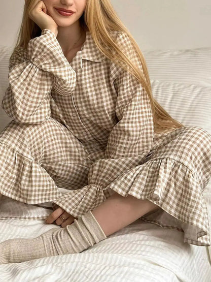 Gingham Ruffle-Trim Top and Pants Lounge Set by Trendsi
