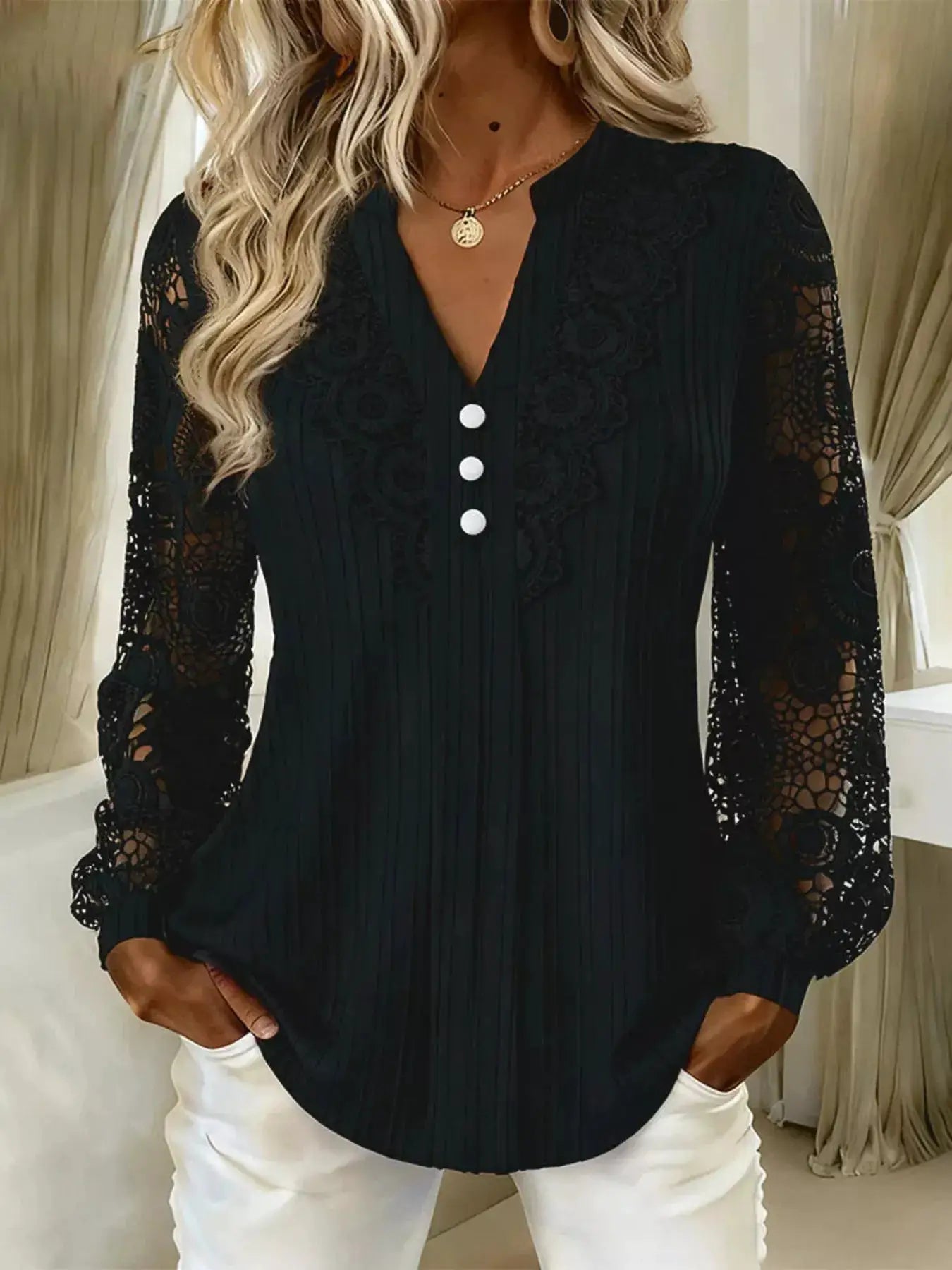 Lace Long Sleeve Notched Blouse by Trendsi