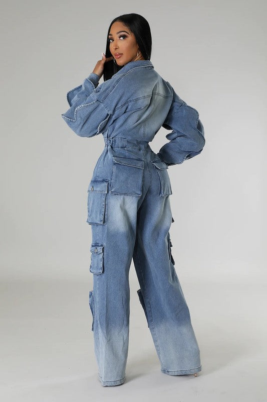 ATHINA FAMOUSE DENIM CARGO RUFFLE SLEEVE JUMPSUIT