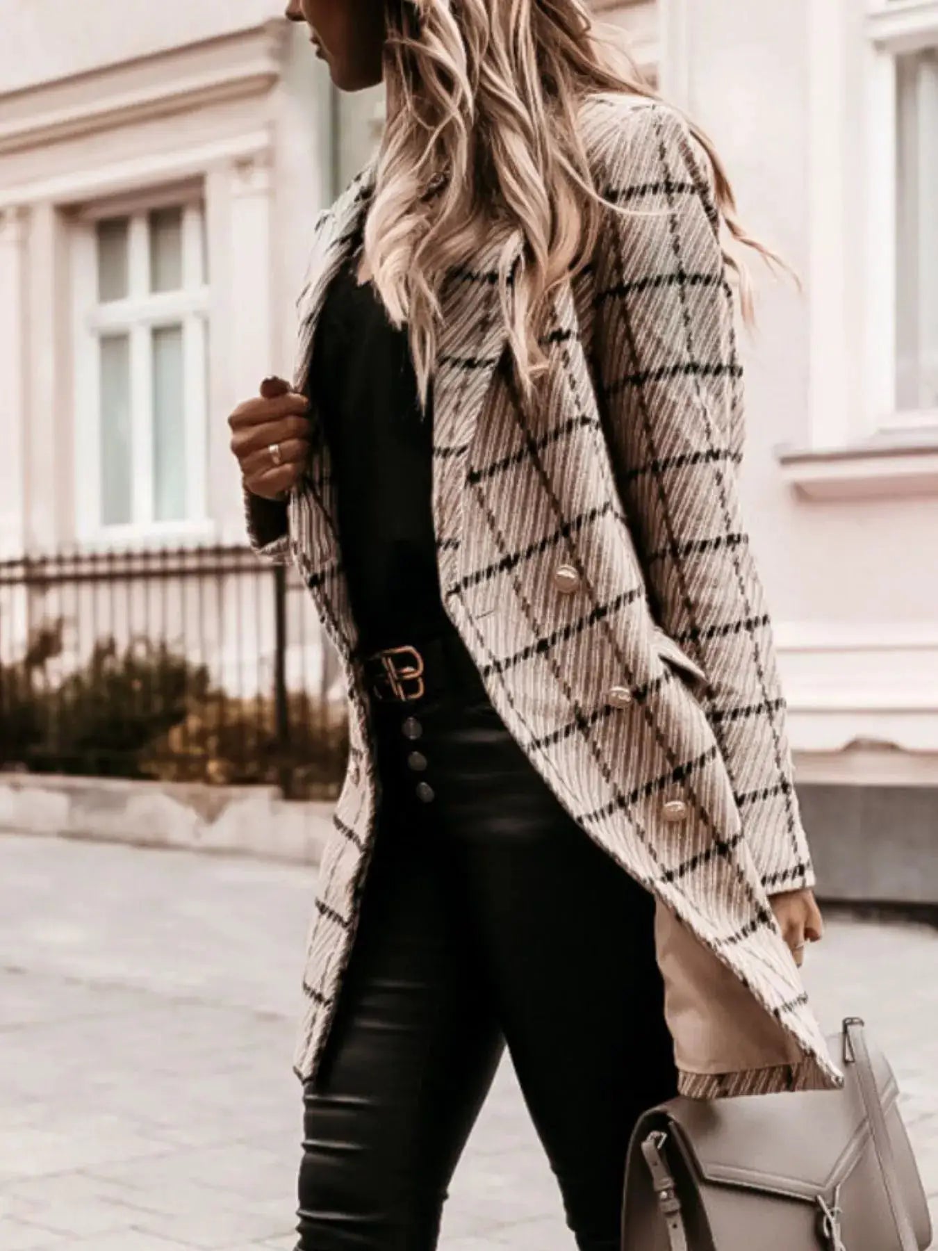 Plaid Tweed Double-Breasted Coat by Trendsi